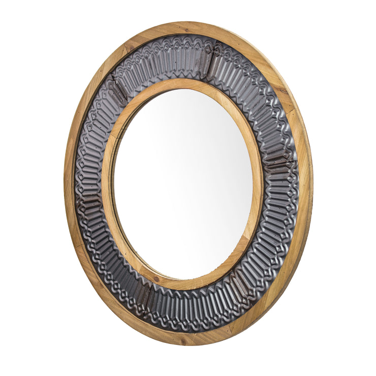 Fluted Metal With Rustic Dual Wood Frame Round Wall Accent Mirror