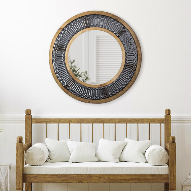 Fluted Metal With Rustic Dual Wood Frame Round Wall Accent Mirror