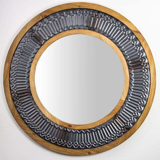 Fluted Metal With Rustic Dual Wood Frame Round Wall Accent Mirror