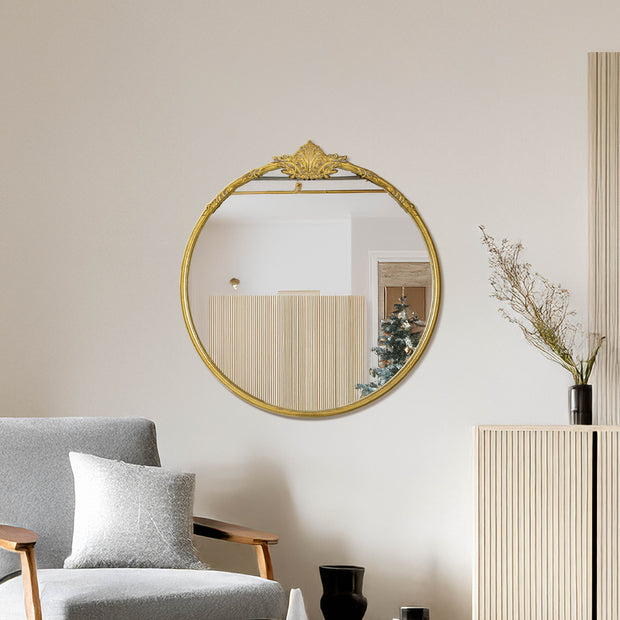 Antique Brass Round Ornate Metal Accent Wall Mirror