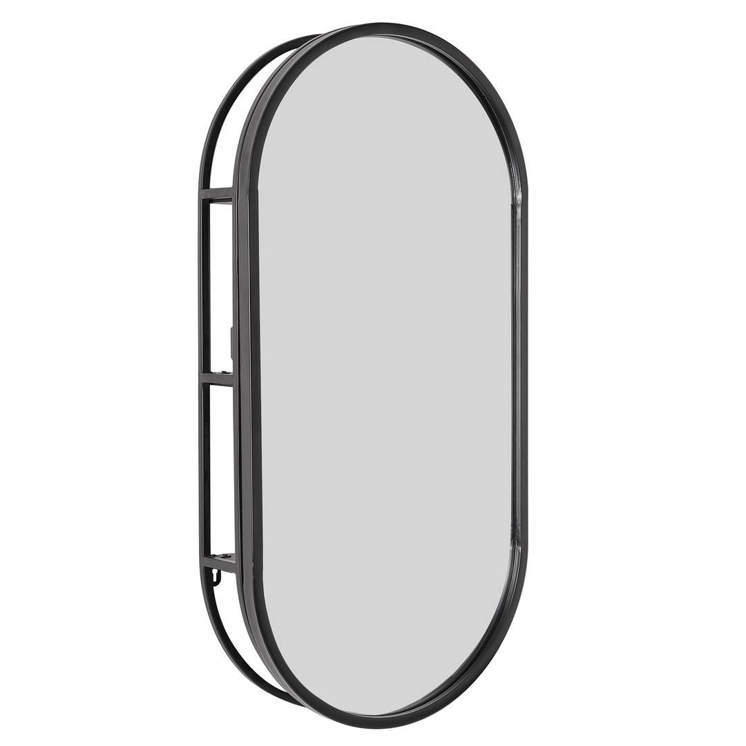 black metal dressing table mirror Head West Metal Framed Oval Vanity Wall Mirror with Shelves, Black