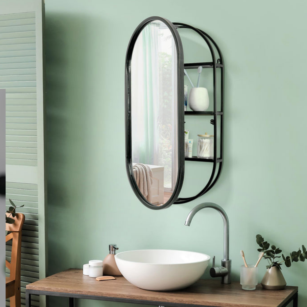 Black Metal Framed Oval Vanity Medicine Cabinet Wall Mirror with Shelves