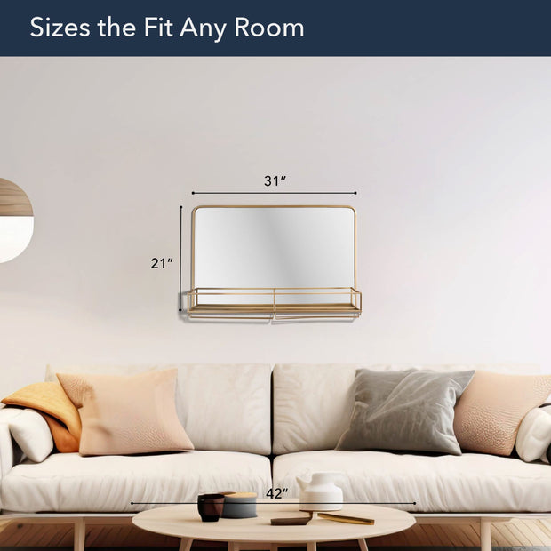 Gold Frame Rectangle Vanity Wall Mirror with Storage