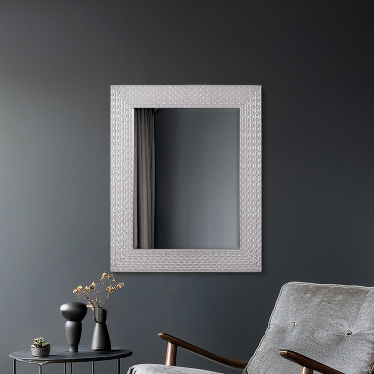 Champagne Silver Honeycomb Embossed Framed Beveled Wall Mirror