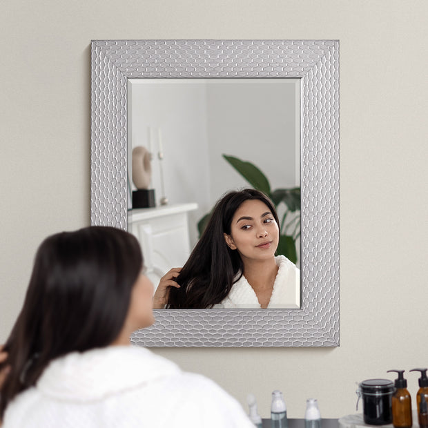 Champagne Silver Honeycomb Embossed Framed Beveled Wall Mirror