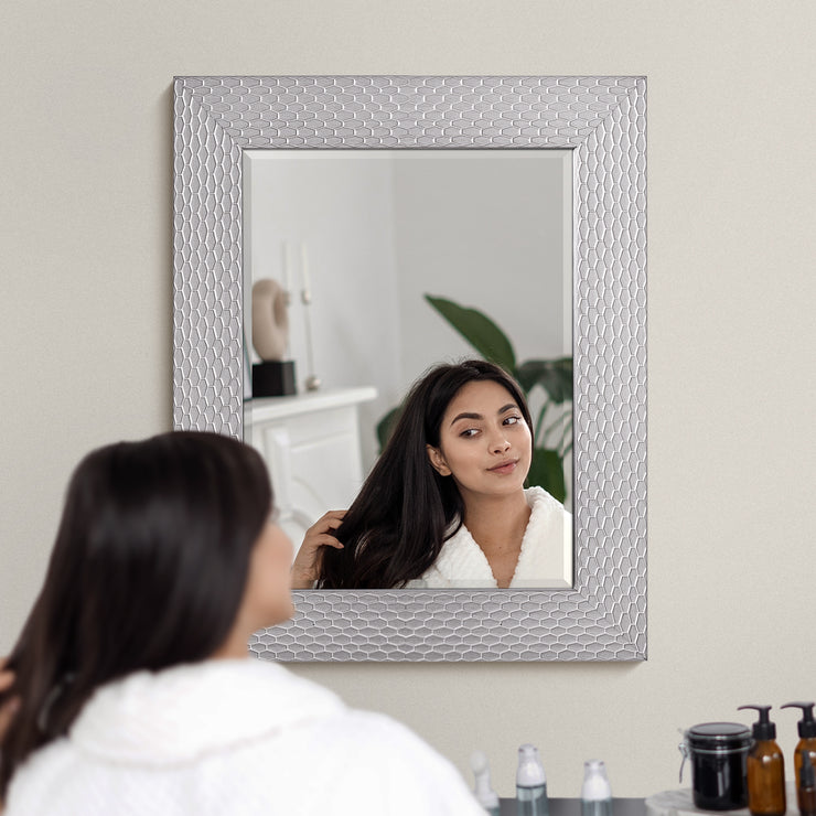 Champagne Silver Honeycomb Embossed Framed Beveled Wall Mirror