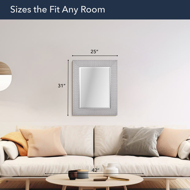 Champagne Silver Honeycomb Embossed Framed Beveled Wall Mirror