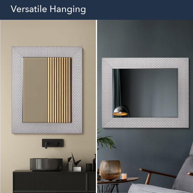 Champagne Silver Honeycomb Embossed Framed Beveled Wall Mirror