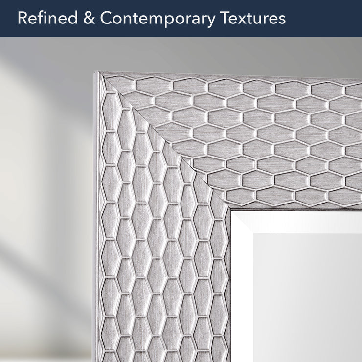 Champagne Silver Honeycomb Embossed Framed Beveled Wall Mirror