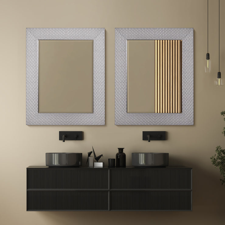 Champagne Silver Honeycomb Embossed Framed Beveled Wall Mirror