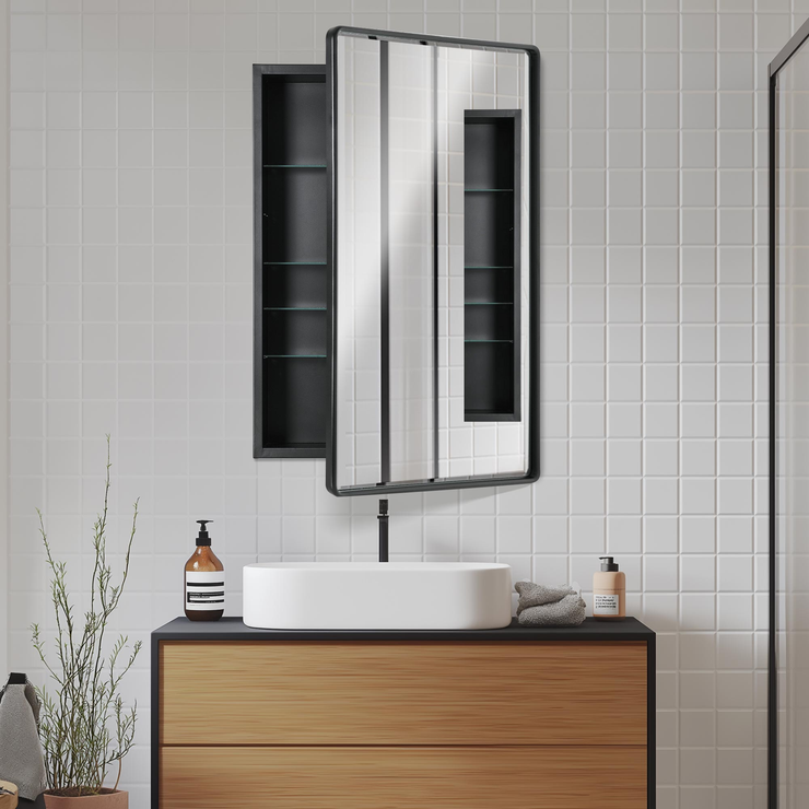 Black Metal Recessed Medicine Cabinet with Beveled Mirror