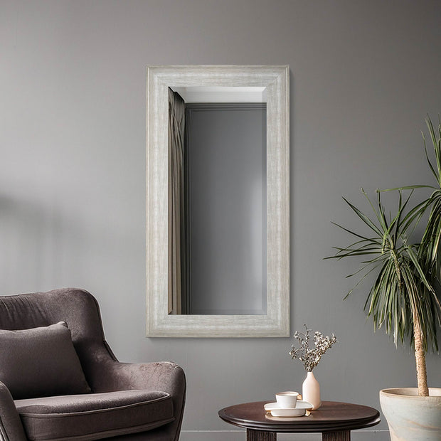 Full Sized White Driftwood Framed Leaner or Wall Mount Beveled Dressing Mirror