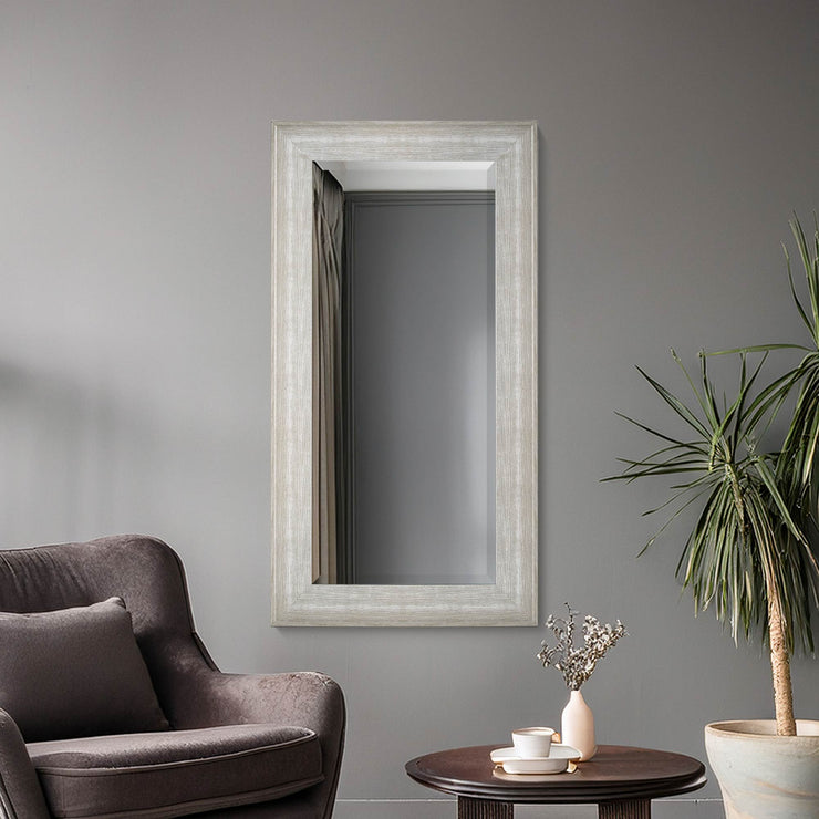 Full Sized White Driftwood Framed Leaner or Wall Mount Beveled Dressing Mirror