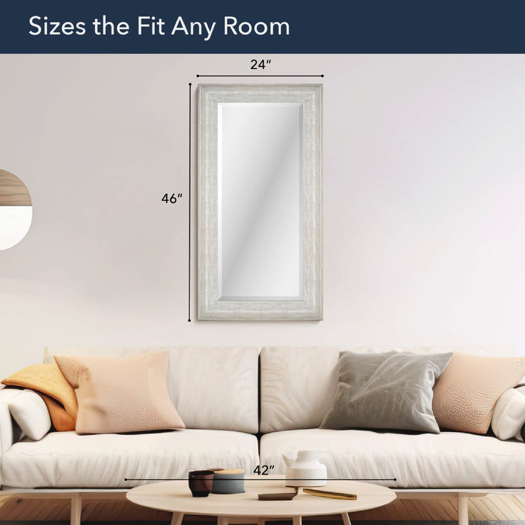 Full Sized White Driftwood Framed Leaner or Wall Mount Beveled Dressing Mirror