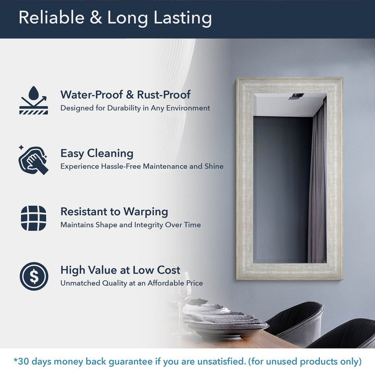 Full Sized White Driftwood Framed Leaner or Wall Mount Beveled Dressing Mirror