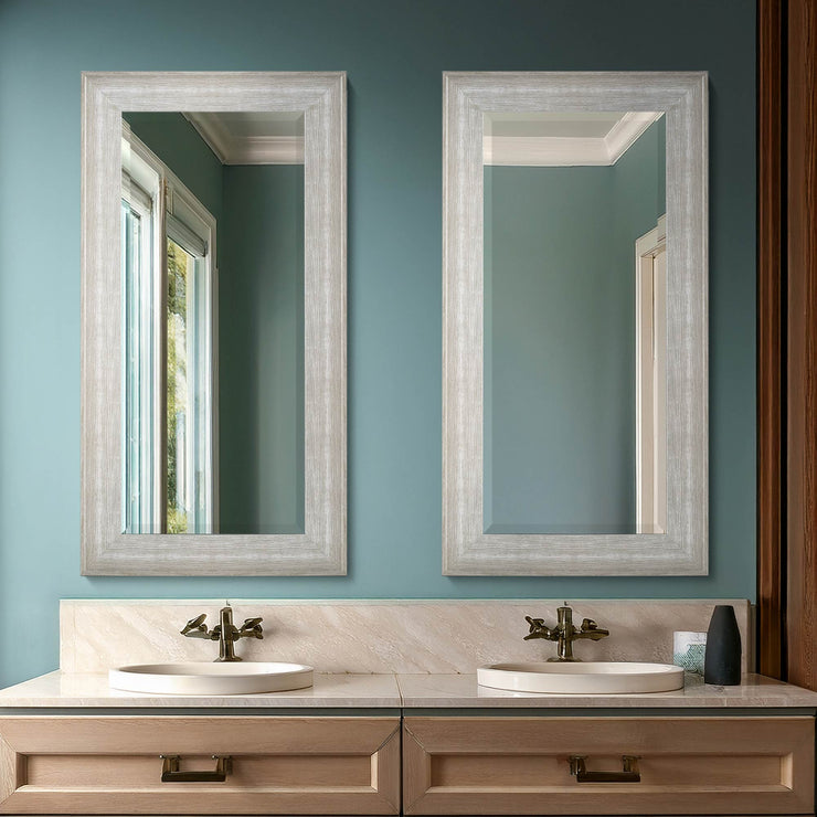 Full Sized White Driftwood Framed Leaner or Wall Mount Beveled Dressing Mirror