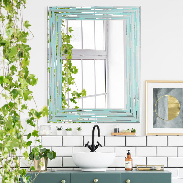 Frameless Reeded Blue Sea Glass Tiled Printed Wall Mirror