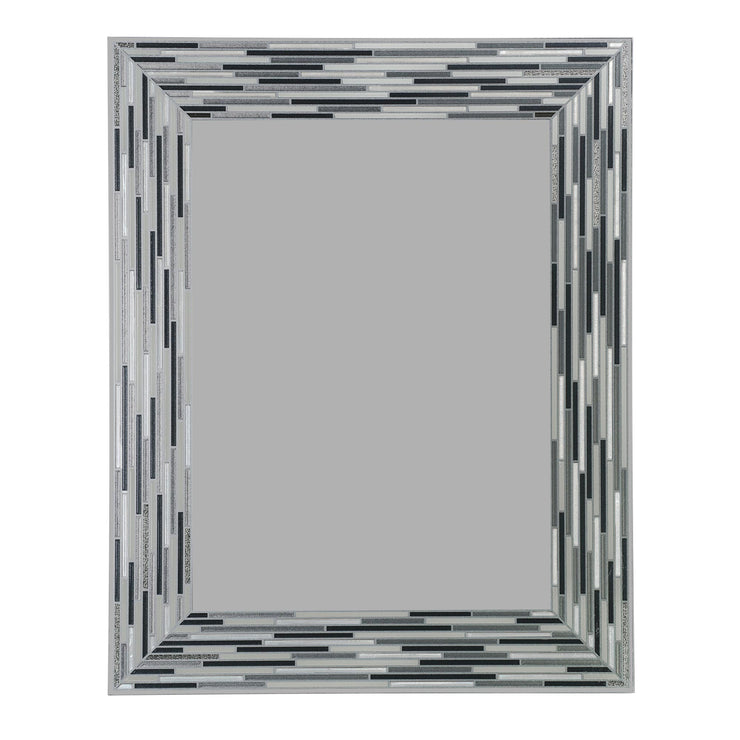 Frameless Reeded Charcoal Tile Printed Wall Mirror With Multiple Shades of Gray And Warm Undertones