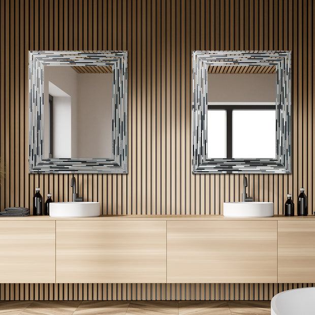 Frameless Reeded Charcoal Tile Printed Wall Mirror With Multiple Shades of Gray And Warm Undertones