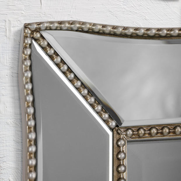 Champagne Silver Beaded Glass Scalloped Framed Vanity Mirror