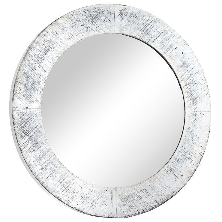 Antiqued Whitewashed Wooden Framed Round Wall Mirror