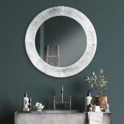 Antiqued Whitewashed Wooden Framed Round Wall Mirror