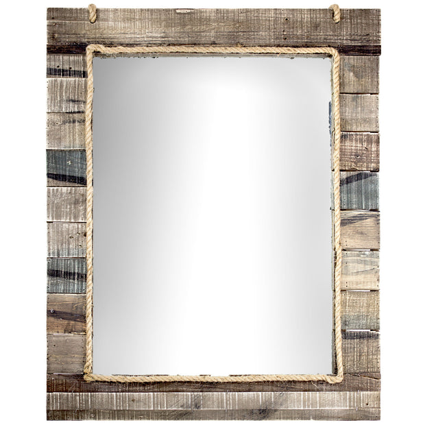 Rustic Wood Plank Farmhouse Rectangular Mirror With Inlaid Rope