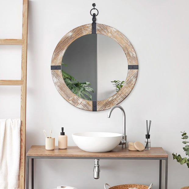 Rustic Wood With Antique Metal Banded Framed Round Oval Porthole Wall Mirror