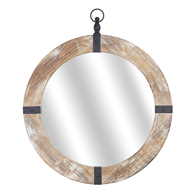 Rustic Wood With Antique Metal Banded Framed Round Oval Porthole Wall Mirror