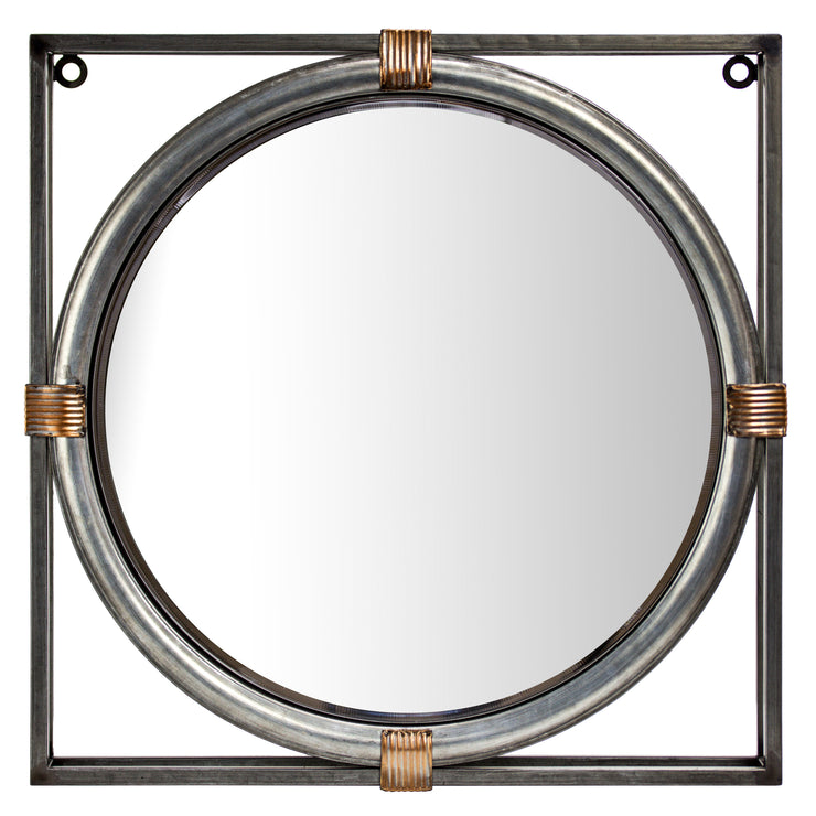 Antiqued Square Metal Dual Framed Round Wall Accent Mirror