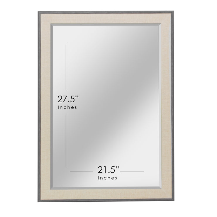 Gray Woodgrain Framed Beveled Mirror with Textured Beige Liner