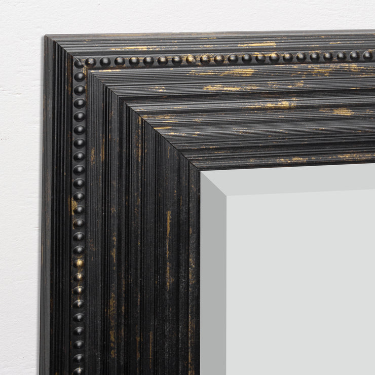 Beaded Textured Distressed Black and Gold Framed Beveled Mirror