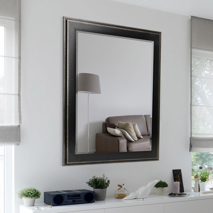 Distressed Black Two-Step Rectangular Framed Beveled Mirror