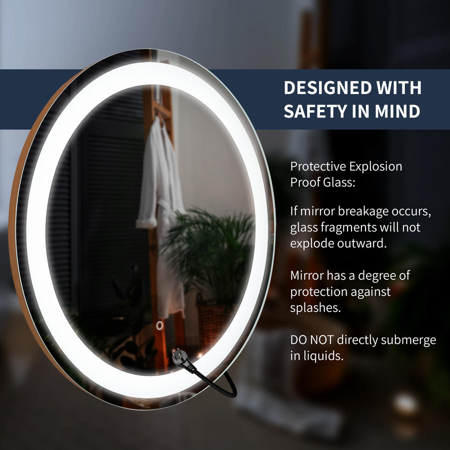 Copper Framed Bathroom Vanity Tri-Color Dimming Round LED Mirror ...