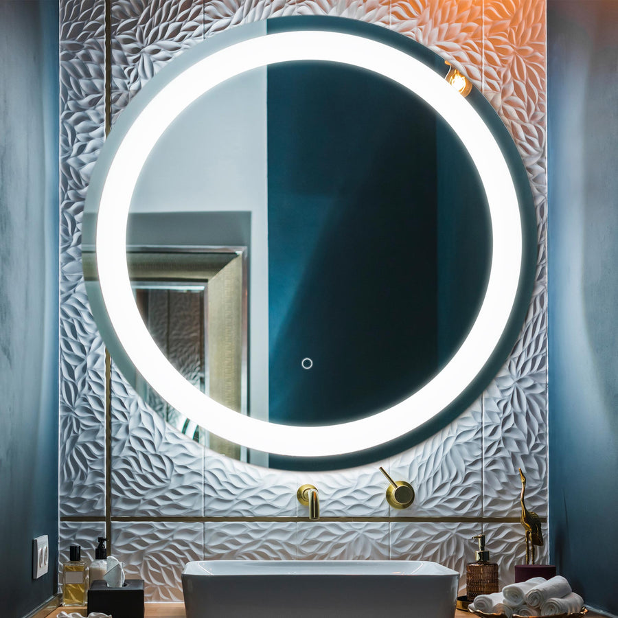 Copper Framed Bathroom Vanity Tri-Color Dimming Round LED Mirror ...