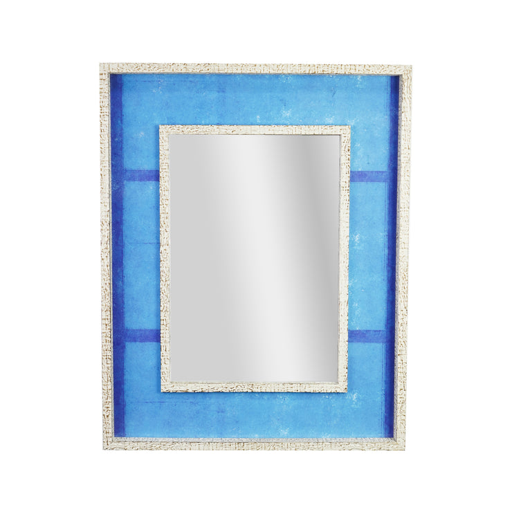 Blue Linear Print Distressed White Raised Lip Double Framed Accent Mirror