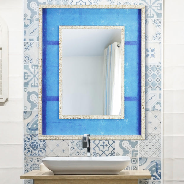 Blue Linear Print Distressed White Raised Lip Double Framed Accent Mirror