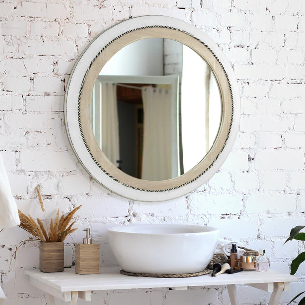 Rustic Whitewashed and Neutral Wood Framed Round Wall Mirror With Inlaid Rope