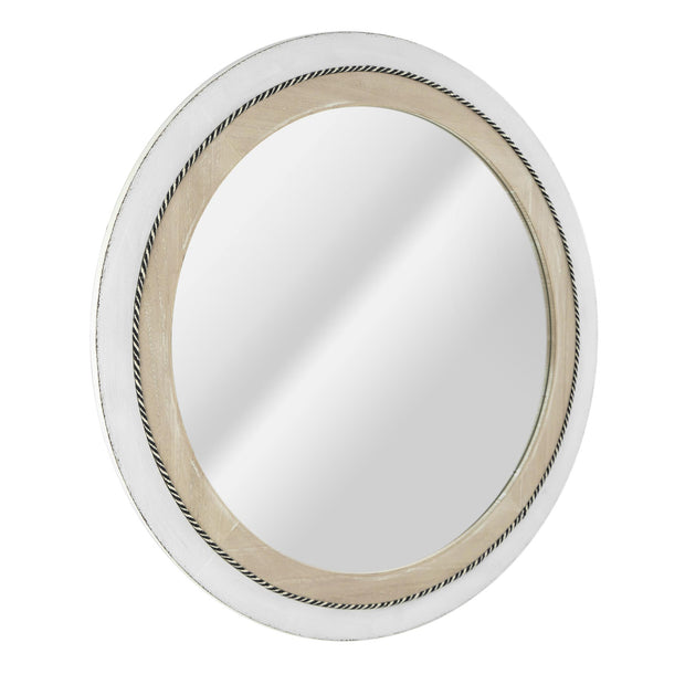 Rustic Whitewashed and Neutral Wood Framed Round Wall Mirror With Inlaid Rope