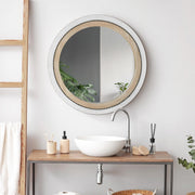 Rustic Natural Whitewashed Wood Framed Round Wall Mirror With Inlaid Rope