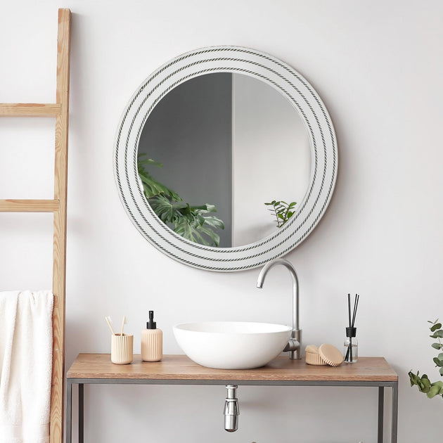 Rustic Whitewashed Wood Framed Round Wall Mirror With Inlaid Rope ...