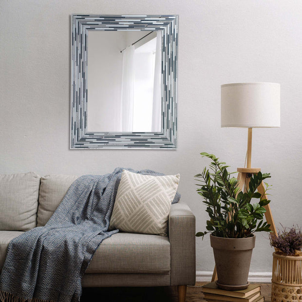 Frameless Reeded Gray Tile Printed Modern Wall Mirror With Multiple Shades of Gray And Cream Colors