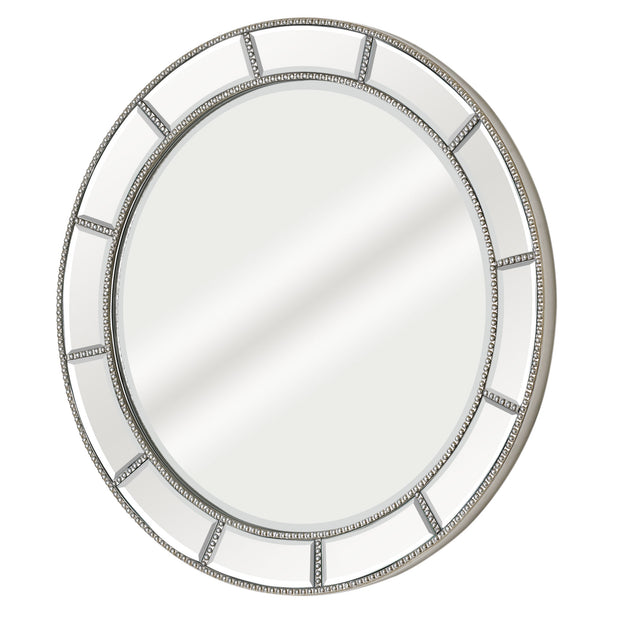 Beaded Champagne Silver Beveled Round Wall Mirror