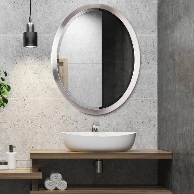 bathroom, oval mirror, chrome metal framed mirror, interior home accent