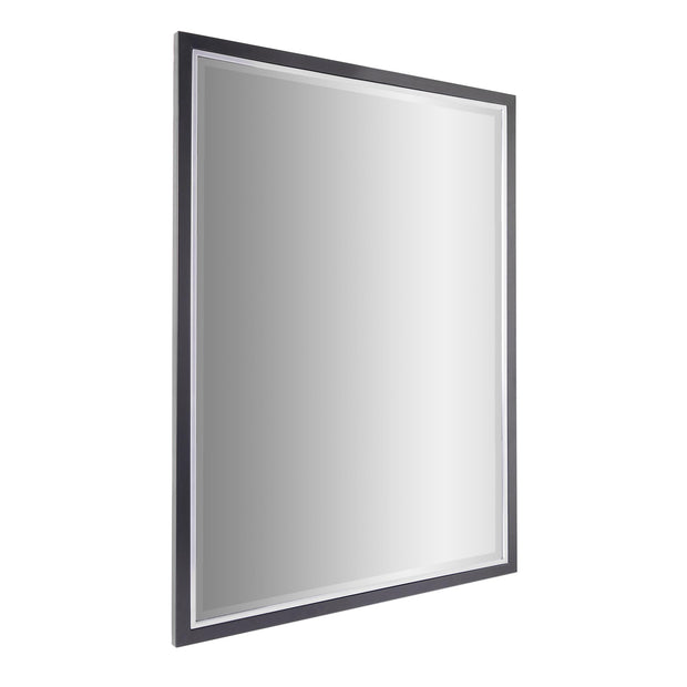 Beveled Wall Mirror Black and Chrome Frame Brush Edge Design