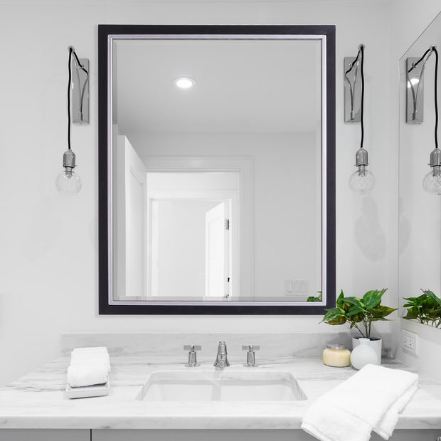 Beveled Wall Mirror Black and Chrome Frame Brush Edge Design