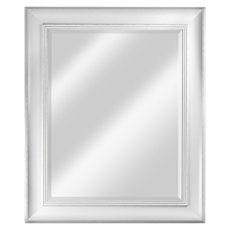 Distressed Antique White Two Step Raised Lip Frame Beveled Wall Mirror