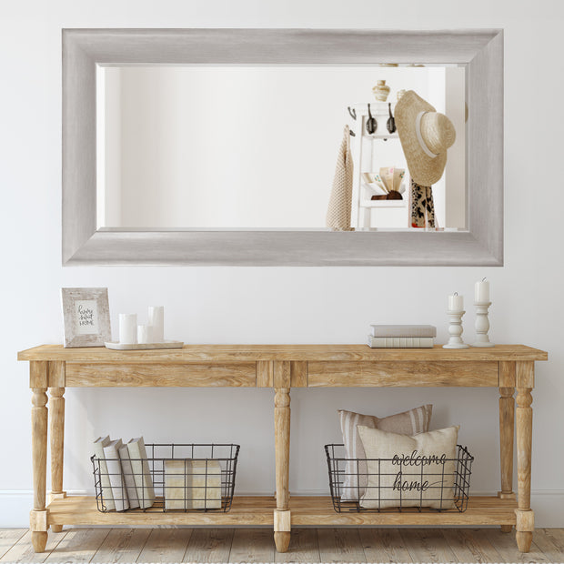 Full Sized White Driftwood Concave Framed Leaner or Wall Mount Beveled Dressing Mirror