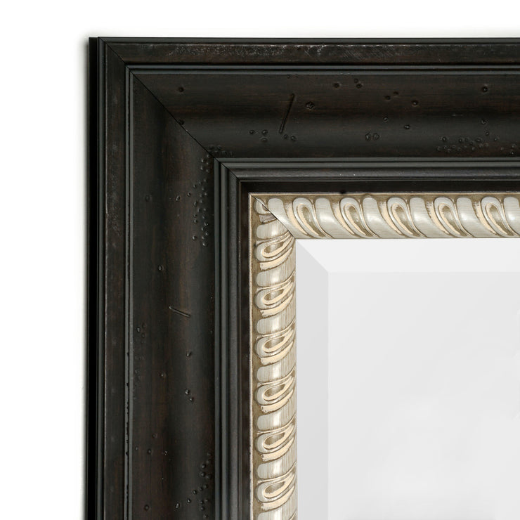 Full Sized Espresso Antique Framed Leaner or Wall Mount Beveled Dressing Mirror